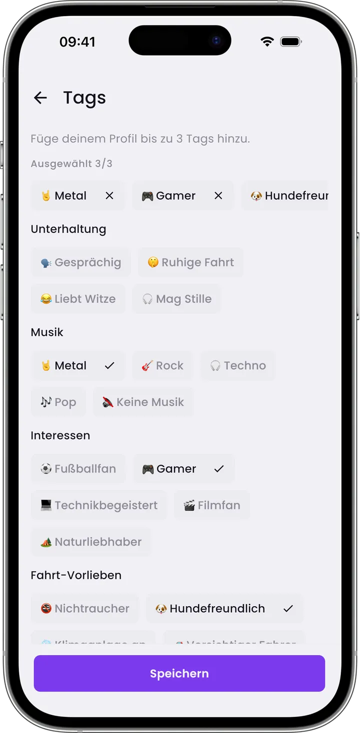 Die Tag-Auswahl mit Kategorien wie Unterhaltung, Musik und Interessen