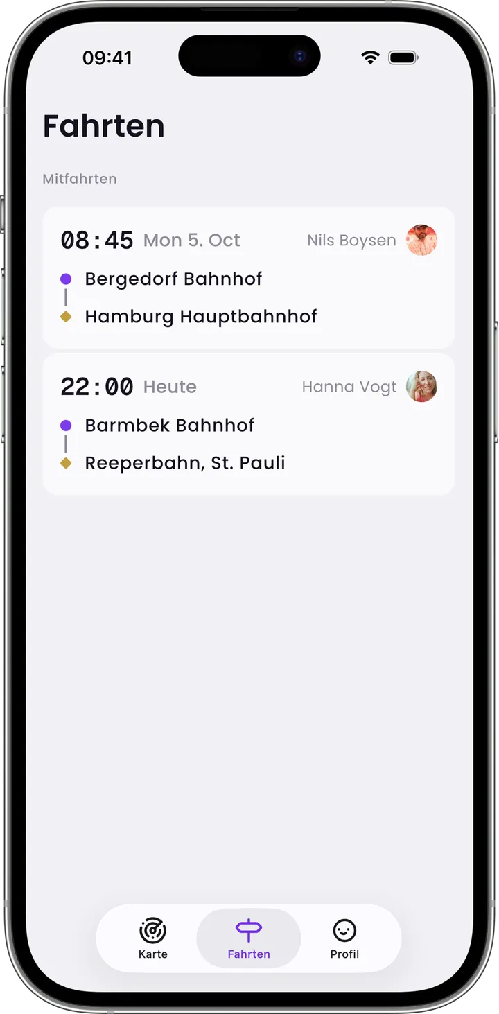 Die Liste der eigenen Mitfahrten