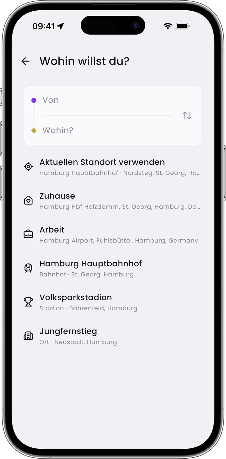 Die Zielsuche mit Von und Wohin und gespeicherten Orten